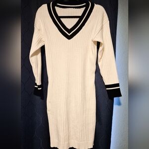 White Ribbed Knit Dress with Black Trim